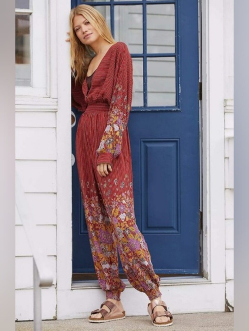 Anthropologie Breezy Floral Boho Colorful Wide Leg Jumpsuit, Size Medium